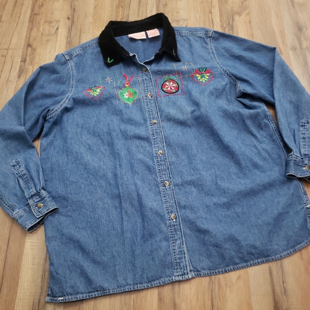 Denim button up holiday ornament embroidered velvet collar top size xl